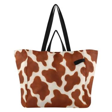 Imagem de SEHANY Sacolas de compras reutilizáveis com estampa de vaca marrom e branca com alças reforçadas, bolsa de compras de lona dobrável à prova d'água de grande capacidade para viagem, cozinha, praia