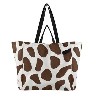 Imagem de SEHANY Sacolas de compras reutilizáveis com estampa de vaca marrom e branca com alças reforçadas, bolsa de compras de lona dobrável à prova d'água de grande capacidade para viagem, cozinha, praia