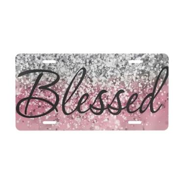 Imagem de Blessed Pink Glitter placa de carro decorativa. Placa de metal para carro. Etiqueta de vaidade. Placa de carro de alumínio Noverlty impermeável Colorfast 30 × 15 cm