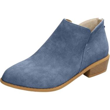 Imagem de Botas femininas de cano curto, salto baixo, bico fino, salto alto, sapatos ocidentais, Azul, 37