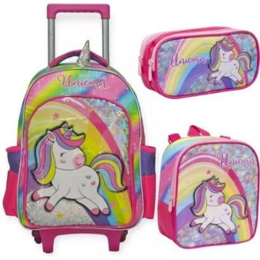 Imagem de Kit Mochila Rodinha Lancheira Estojo Escolar Infantil Menina Unicórnio Rainbown rosa Yepp-Feminino