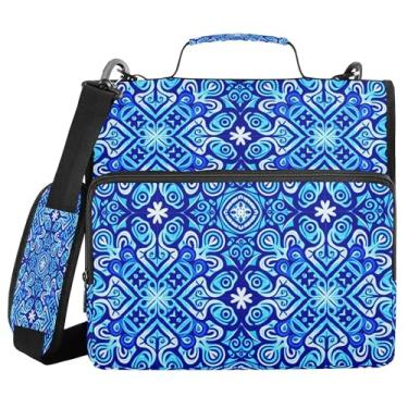 Imagem de SEHANY Fichário de zíper azul e branco com alça de ombro, capacidade para 500 folhas, vários bolsos, fichário com 3 anéis com zíper de 3 cm