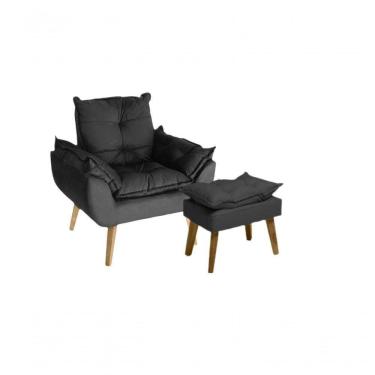 Imagem de Poltrona/cadeira Decorativa E Puff Glamour Com Pés Quadrado Preto