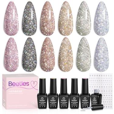 Imagem de Esmalte em gel com glitter Beetles – Conjunto de gel brilhante refletivo de 6 cores, prata, preto, rosa, dourado, holográfico, com adesivos de arte de unha, presentes de manicure com LED UV para