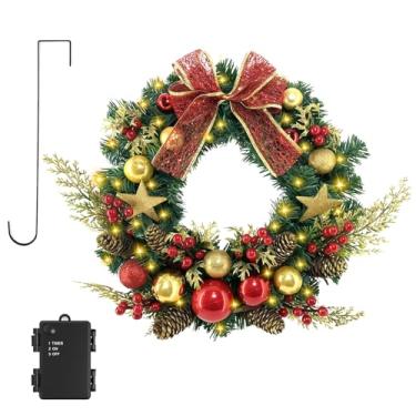 Imagem de TXRXIZ Guirlanda de porta de Natal pré-iluminada de 40 cm com temporizador, cabide e luzes quentes de 50 LEDs, decoração com laço, bola dourada e estrela, etc. Guirlanda de Natal artificial para porta