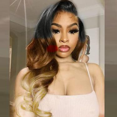 Imagem de Perucas loiras marrons para mulheres brancas ombré colorido longo encaracolado ondulado peruca frontal sintética 3 cores peruca frontal realista natural pré-arrancada linha do cabelo sem cola, peruca