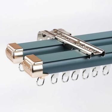Imagem de Varões de trilho de cortina dupla resistente para divisória de quarto - Suporte de parede ajustável de 5 m para sala de estar, quarto, chuveiro, hospital - Cor azul