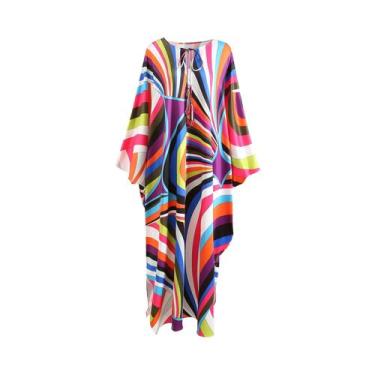 Imagem de Vestido Solto Estampado Listrado Com Manga Morcego E Decote Redondo Es