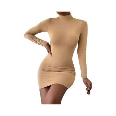 Imagem de Vestido Mini Plissado Feminino Slim Fit Com Gola Alta E Manga Longa, M