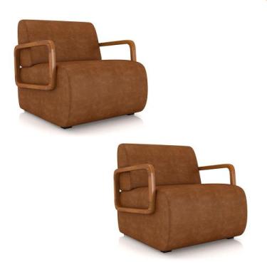 Imagem de Poltrona Sala de Estar Braço de Madeira Kit 2 Hellen Sintético PU K01 