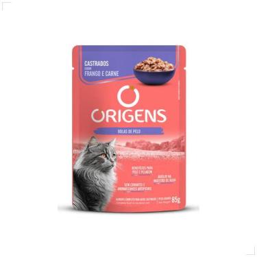 Imagem de Ração Sachê Origens Gatos Adultos Filhotes Castrados 85g, Frango e Car