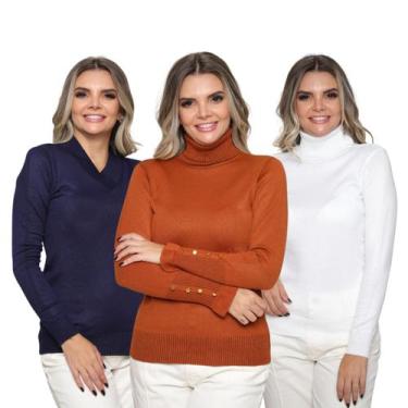 Imagem de Kit 3 Blusas Feminina de Tricot Manga Longa Tendência Frio 2024 - SP/C