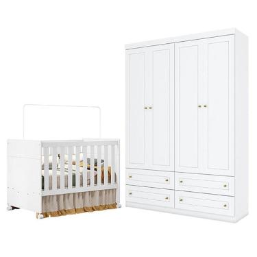 Imagem de Berço Americano Katatau Branco Acetinado - Reller e Guarda Roupa Infantil Americano 4 Portas Branco HP - Henn