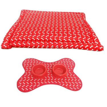 Imagem de Kit Pet Vermelho-Colchonete Tapete Comedouro/Bebedouro M