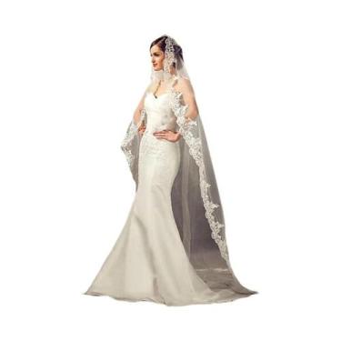 Imagem de Véu De Noiva Longo Branco Marfim Com Borda De Renda Luxuosa Em Tule De