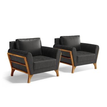 Imagem de Kit 2 Poltronas Sabrina Madeira Maciça Courino Preto Mais Lar Decor