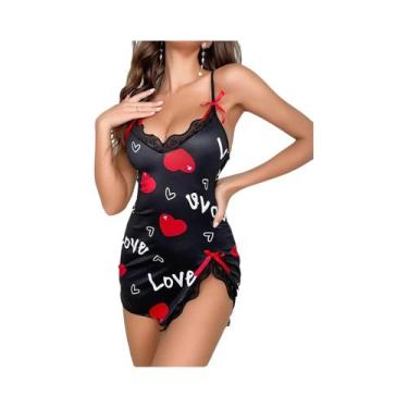 Imagem de Camisola De Cetim Preta Para Mulheres Com Estampa De Coração Vermelho,