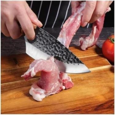 Imagem de Faca Artesanal Inox Afiada Tábua Madeira Bainha Churrasco Corte Precis