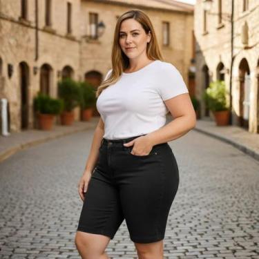 Imagem de Bermuda em sarja com Elastano, Cintura Alta Brim Plus Size Cor:PretoTa