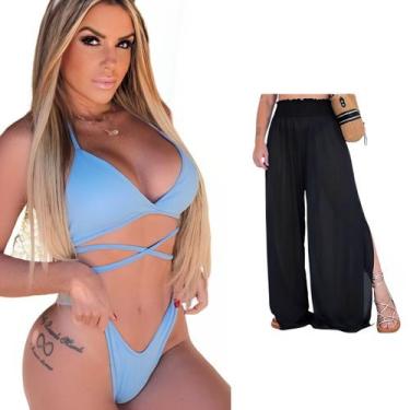 Imagem de Biquini + Saída De Praia Calça Tule Moda Praia Kit Conjunto - LOOK DRE