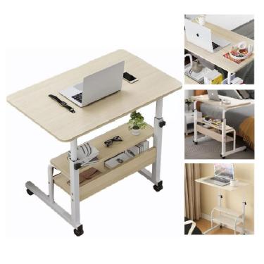Imagem de Mesa para Notebook Ajustável com Rodinhas e 2 Prateleiras Marfim para Escritório e Estu...