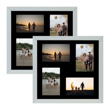 Imagem de Kit 2 Porta Retrato Parede 32x32 Quadro Multifotos 4 Fotos 10x15 Paspatur Preto Moldura:moldura Branca