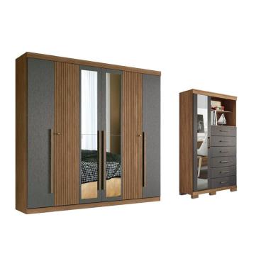 Imagem de Quarto Completo com Guarda-Roupa e Cômoda QC363 7 Portas 10 Gavetas MDP e MDF 231,6cm Jatobá Grafite Santos Andirá