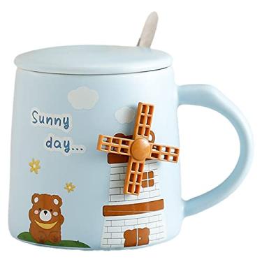 Imagem de seelucky Caneca de balão de ar quente com tampa colher criança desenho animado caneca de leite caneca 3D xícara de café de cerâmica xícara de chá presente de aniversário escritório casa (moinho de