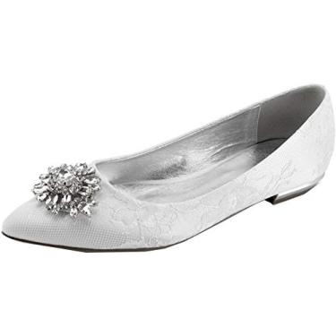Imagem de Sapato feminino com strass cadarço bico fino sapatos sem salto para noivas, Prata, 10.5