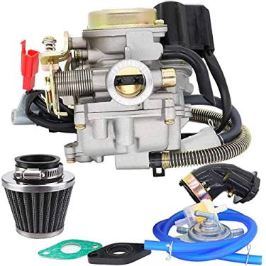 Imagem de GY6 50CC 49CC Carburador com coletor de admissão de filtro de ar substituição para 139QMB Scooter de 4 tempos ATV Moped Go Kart Taotao Motor de 18 mm (com bomba de combustível a vácuo, linha de tubo de mangueira)