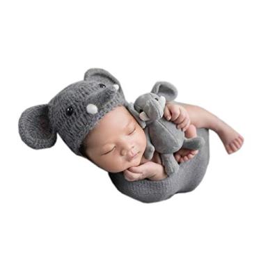 Imagem de Coberllus Acessórios para fotografia de bebês recém-nascidos, chapéu de elefante de crochê e cobertor elástico para sessões de fotos para meninos e meninas, Azul, M