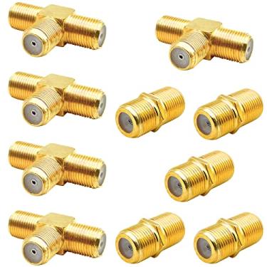 Imagem de Pacote com 10 extensores de cabo coaxial RG6 e adaptador divisor T tipo F RG6 fêmea para 2 fêmeas, cabo coaxial de 3 vias, conector de cabo coaxial formato T e fêmea para fêmea para antena de vídeo videocassete de TV e vídeo VCR