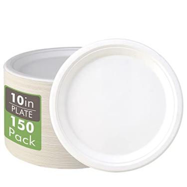 Imagem de Vplus Pacote com 150 pratos de papel descartáveis compostáveis de 26 cm, pratos de papel super fortes, 100% bagaço, natural, biodegradável, ecológico, cana-de-açúcar (branco)