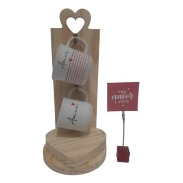 Imagem de Kit Ludi Suporte Jogo Caneca Xícara Café Namorados Casal - Porcelana e Madeira - 200 ml - 2 Unidades - Caneca Coração - Dia dos Namorados