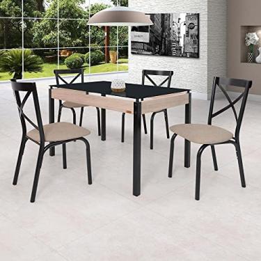 Imagem de Conjunto Sala de Jantar Mesa 120x75cm Tampo Vidro com 4 Cadeiras Karina Ciplafe Preto/linho Bege