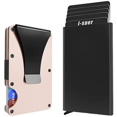 Imagem de I-sper Pacote com 2 porta-cartões de crédito com bloqueio de RFID, porta-cartões pop-up, carteira minimalista fina com clipe de dinheiro de metal para homens e mulheres, Dourado e preto, Minimalista