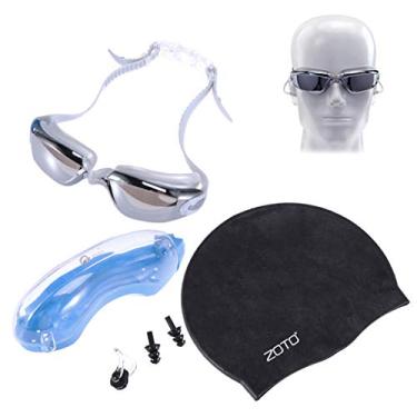 Imagem de Conjunto de acessórios de natação LIOOBO com óculos espelhados, touca de natação e clipe de nariz com estojo de armazenamento à prova d'água para adultos, crianças, homens e mulheres (cor aleatória)