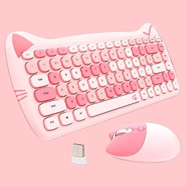 Imagem de Cute Cat Combo teclado e mouse sem fio USB 2,4 G, teclas silenciosas, cores doces, compatível com notebook, PC (rosa - 84 teclas)