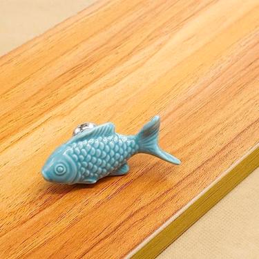 Imagem de Puxadores de cerâmica em forma de peixe de gaveta para armário de cozinha com alças de armário maçanetas ferragens para móveis, azul