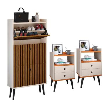 Imagem de Kit Sapateira Vertical 3 Gavetas Basculantes Dark Off White/Ripado e 2 Mesinhas Canto Quarto Nicho Decorativo Dream Off White/Cinamomo RPM