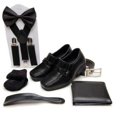 Imagem de Kit Sapato Social Pajem Casamento Infantil Gravata Borboleta Suspensorio Cinto Carteira Meia e Calçadeira