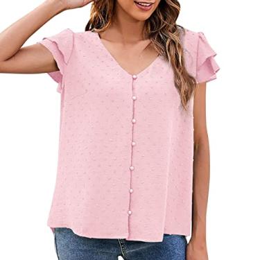 Imagem de Blusas femininas modernas para treino, plus size, manga curta, blusas fofas de chiffon, camisetas camponesas, túnica de festa, rosa, P