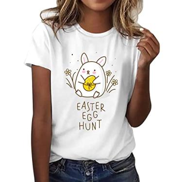 Imagem de PKDong Camiseta feminina Happy Easter Day, casual, estampa de coelhinho da Páscoa, solta, gola redonda, manga curta, camisetas fofas, Amarelo, P