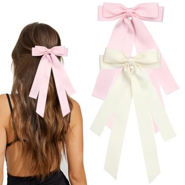 Imagem de MIKONIKO Conjunto de 2 peças de grampos de cabelo para mulheres e meninas - laço preto e branco para cabelo, com cauda longa, clipe jacaré (bege e rosa)