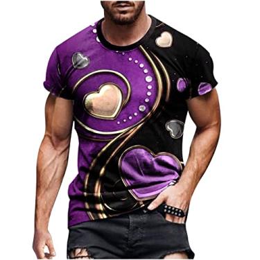 Imagem de Camiseta masculina de dia dos namorados com corações doces para treino, camisetas estampadas em 3D, camisetas masculinas de algodão, Roxa, 5G