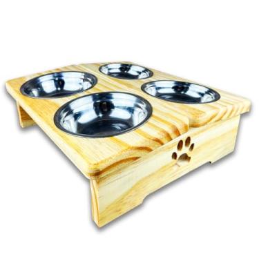 Imagem de JJVERAS, Comedouro P/Gato Cachorro Pet Elevado 4 Potes Madeira Clara