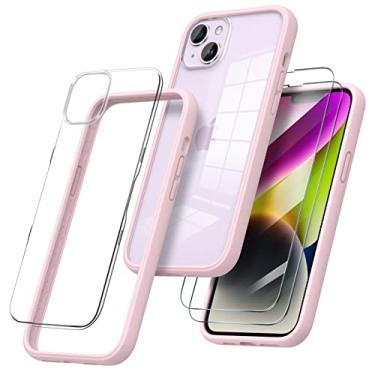 Imagem de ORNARTO [3 em 1] Capa para iPhone 14 Plus de 6,7 polegadas, com 2 películas de vidro temperado, capa amortecedora de silicone líquido macio com proteção total antiamarelamento transparente na parte traseira rosa