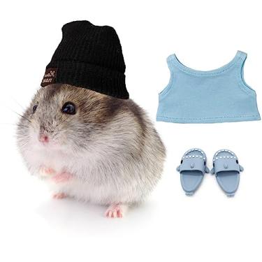 Imagem de KnocKconK Conjunto de fantasia de hamster com camisa, chapéu, sapatos, chinelo de tubarão fofo de animal pequeno para animais de estimação de verdade, roupas de festa de férias de mini rato fofo, para