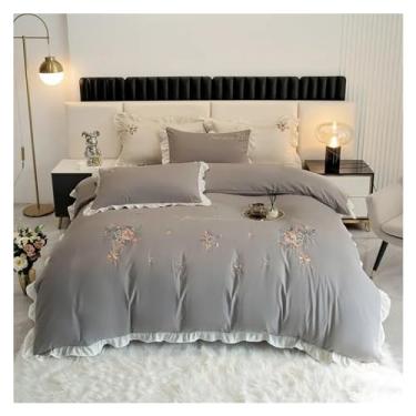 Imagem de Jogo de cama 100% algodão lavado com flores bordadas, conjunto de capa de edredom com babado branco, lençol de cama (lençol com elástico cinza_200 x 230 cm)
