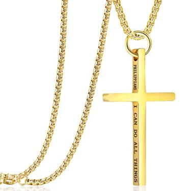 Imagem de Rehoboth Colar com pingente de cruz para meninos e meninas Filipenses 4:13 versículo bíblico I Can Do All Things, corrente de aço inoxidável 40/50/61/71 cm preto prata ouro, 20 inchs, Aço inoxidável,